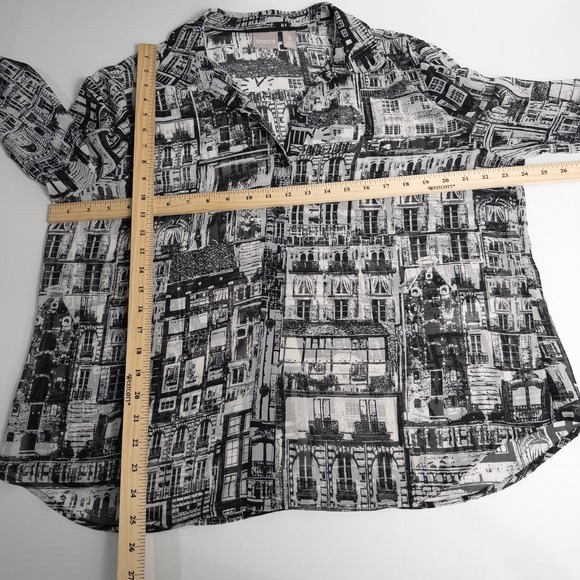 Chicos Cityscape Sheer Chiffon Button Shirt 3 (XL)‎ Monochrome Urban Retro Artsy - Picture 4 of 16